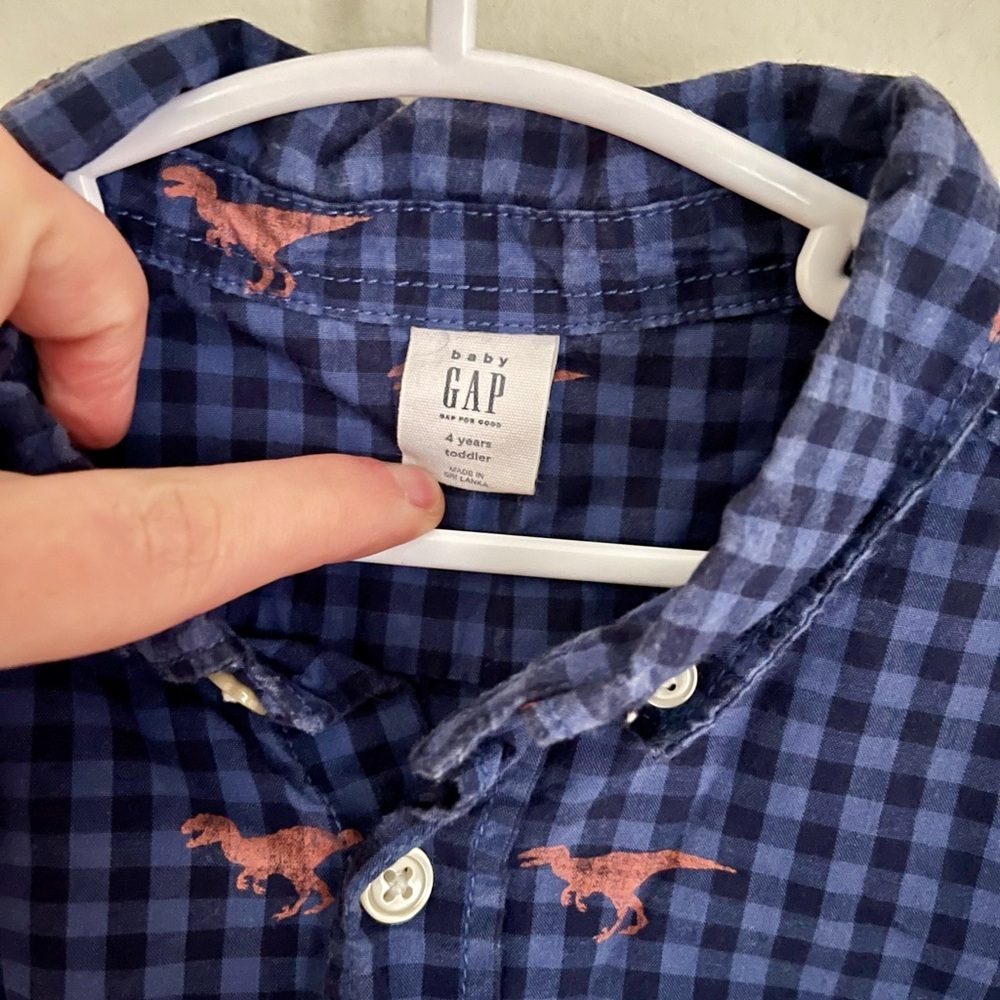GAP Blue Plaid Shirt with Dinosaur Pattern Short Sleeve - Picture 2 of 3